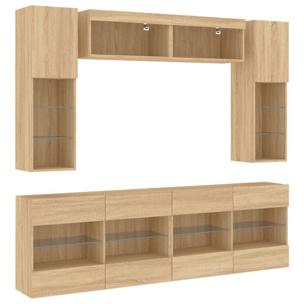vidaXL 6 Piece TV Wall Cabinet Set with LED Lights Sonoma Oak