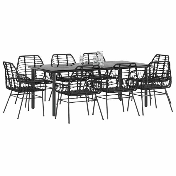 vidaXL 9 Piece Garden Dining Set Black Poly Rattan Glass