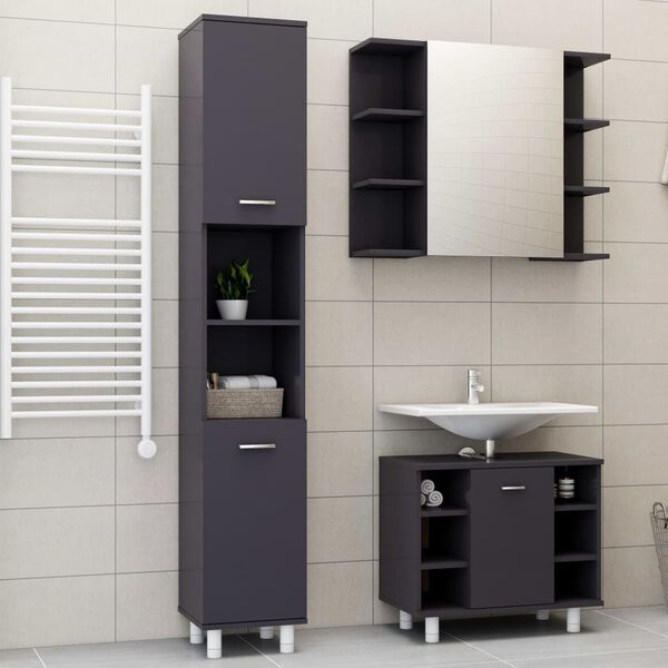vidaXL 3 Piece Bathroom Furniture Set High Gloss Grey Engineered Wood