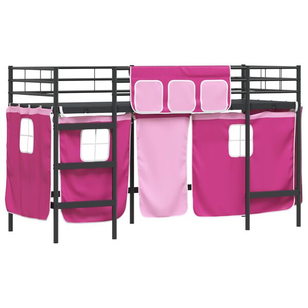 vidaXL Kids'Loft Bed Frame with Curtains Black and Pink 99.5 x 190 cm