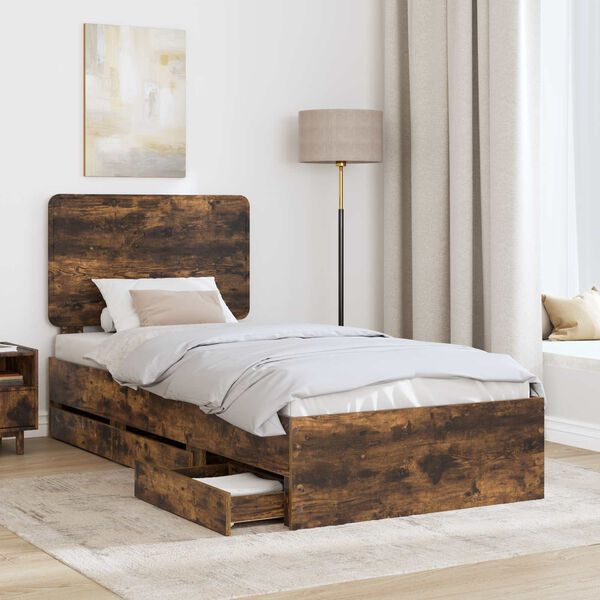 vidaXL Bed Frame with Drawer Smoked Oak 75 x 190 cm Engineer Wood