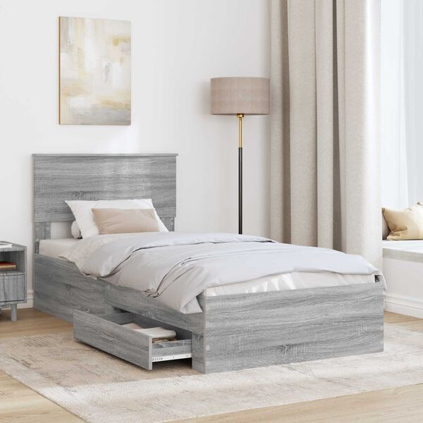 vidaXL Bed Frame with Drawer Grey Sonoma 100 x 200 cm Engineered Wood