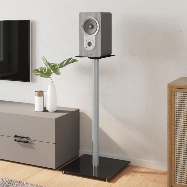 vidaXL Speaker Stands 2 pcs Black&Silver Tempered Glass 1 Pillar Design