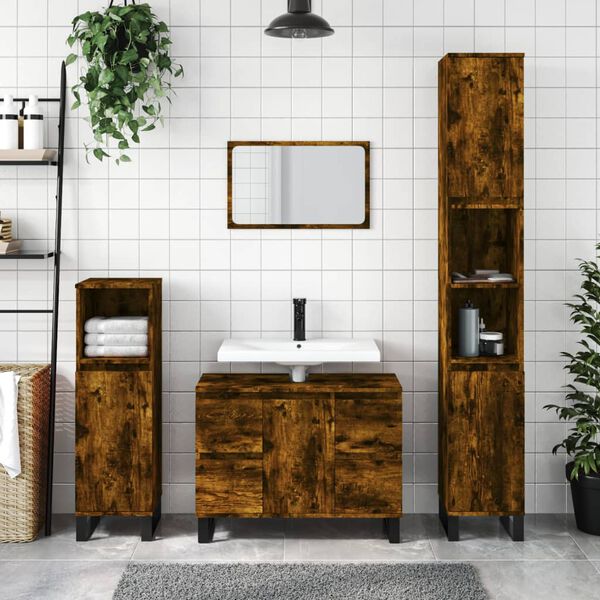 vidaXL Bathroom Cabinet Smoked Oak 30x30x100 cm Engineered Wood