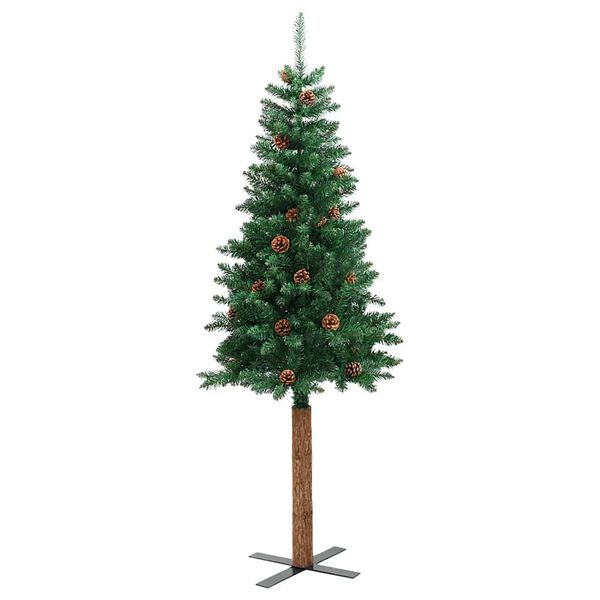 vidaXL Slim Christmas Tree with Real Wood and Cones Green 150 cm PVC