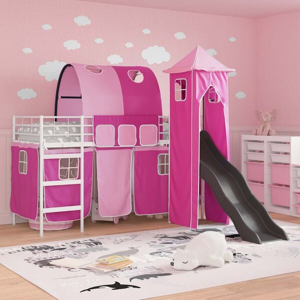 vidaXL Kids'Loft Bed Frame White and Pink 74.5 x 190 cm Metal