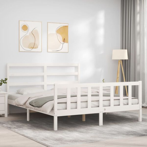 vidaXL Bed Frame without Mattress White King Size Solid Wood Pine