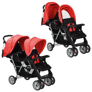 vidaXL Tandem Stroller Steel Red and Black