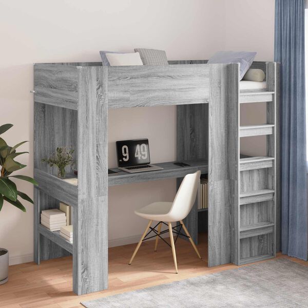 vidaXL Loft Bed Frame with Desk with Storage Grey Sonoma 98.5 x 200 cm