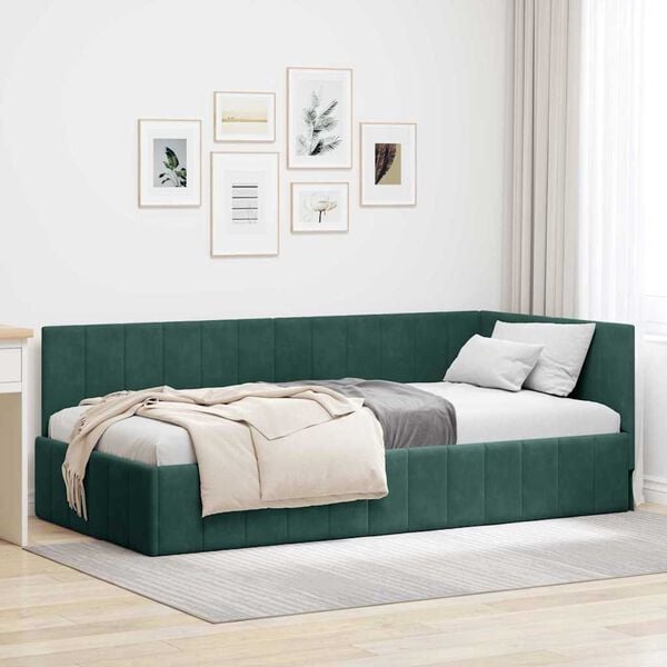 vidaXL Corner Bed Frame Dark Green 100 cm x 200 cm Velvet