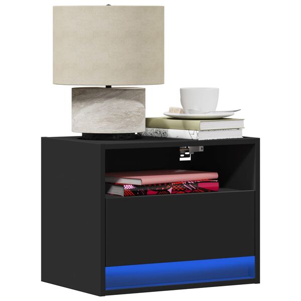 vidaXL Wall-mounted Bedside Cabinet with LED Lights Black