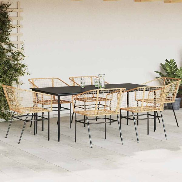 vidaXL 7 Piece Garden Dining Set Brown Poly Rattan Glass