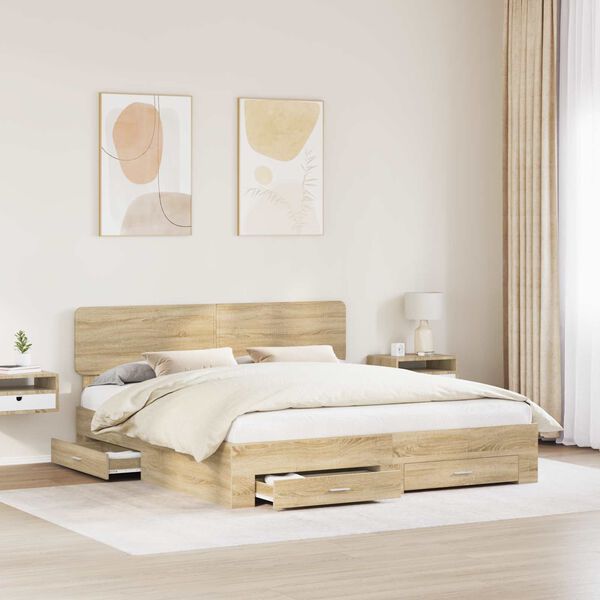 vidaXL Bed Frame with Drawer Sonoma Oak 200 x 200 cm Engineered Wood