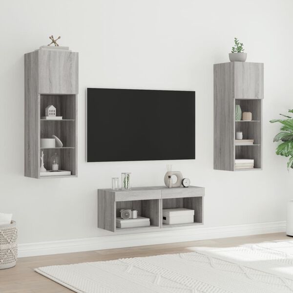 vidaXL 4 Piece TV Wall Cabinets with LED Lights Grey Sonoma