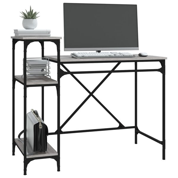vidaXL Desk with Shelves Grey Sonoma 105x50x90 cm Engineered Wood&Iron