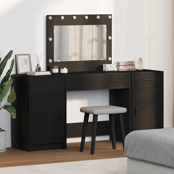 vidaXL Dressing Table with Mirror Lights 3 pcs Black Engineered Wood