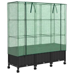 vidaXL Garden Planter with Greenhouse Cover&Wheels 3 pcs Black PP