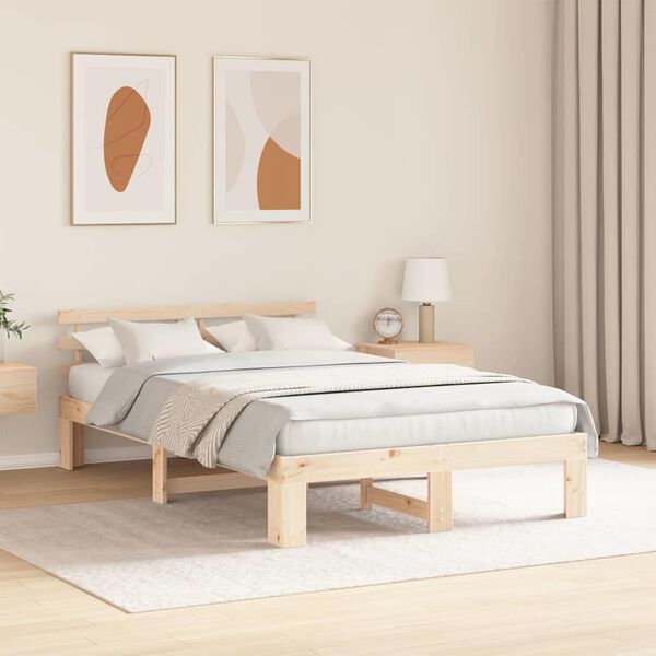 vidaXL Bed Frame with Headboard Natural 135 x 190 cm Solid Pine Wood