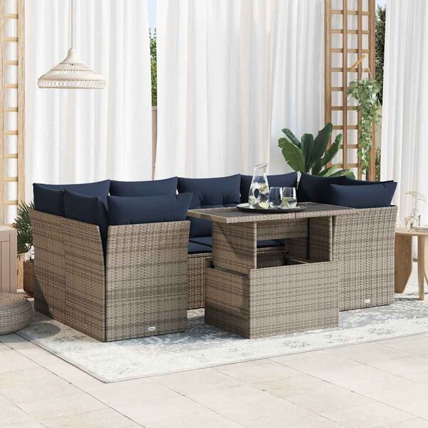 vidaXL 7 Piece Garden Sofa Set with Cushions Grey Poly Rattan Acacia