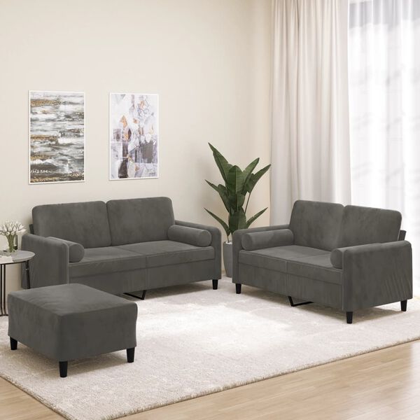 vidaXL 3 Piece Sofa Set with Throw Pillows&Cushions Dark Grey Velvet
