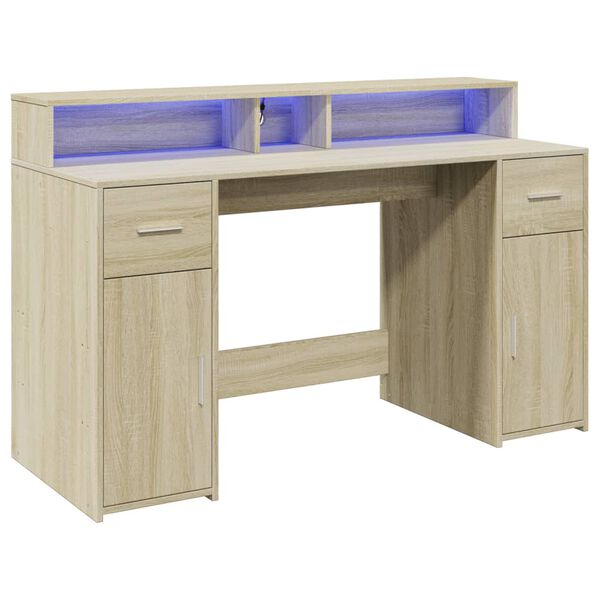 vidaXL Desk with LED Lights Sonoma Oak 140x55x91 cm Engineered Wood