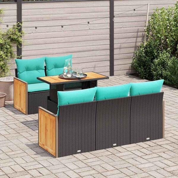 vidaXL 6 Piece Garden Sofa Set with Cushions Black Poly Rattan Acacia