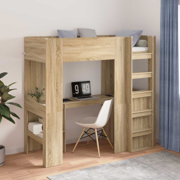 vidaXL Loft Bed Frame with Desk Sonoma Oak 75 x 190 cm Engineered Wood