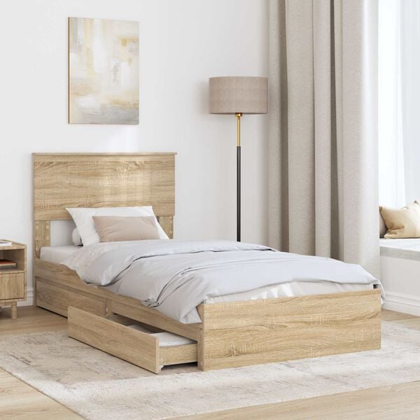 vidaXL Storage Bed with Drawer Sonoma Oak 90 x 190 cm Engineered Wood