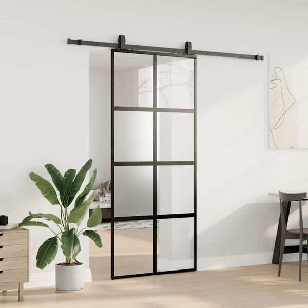 vidaXL Sliding Door with Hardware Set Black 90x205 cm Tempered Glass