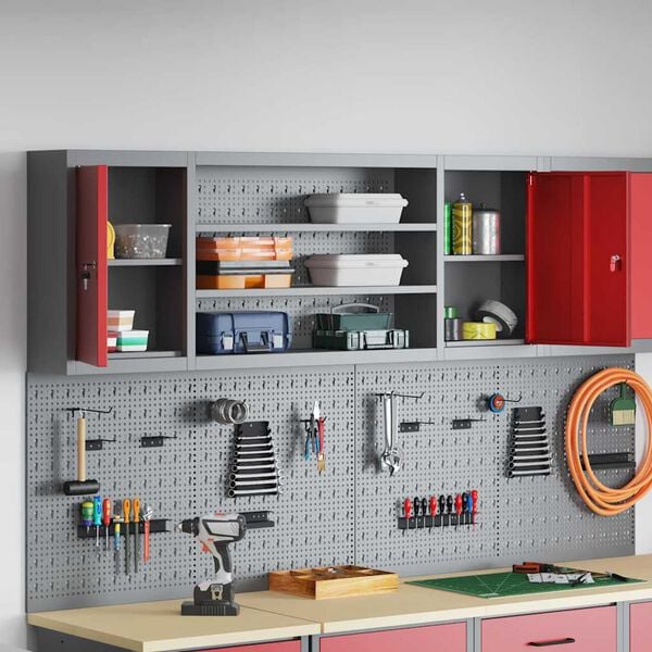 vidaXL Tool Cabinet with Shelf with Lock Red and Grey 150 x 20 x 55 cm