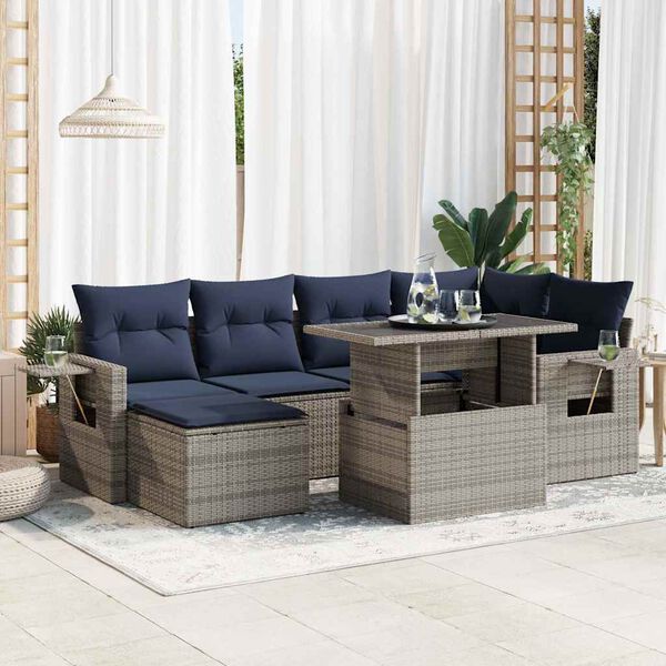 vidaXL 7 Piece Garden Sofa Set with Cushions Grey Poly Rattan Acacia