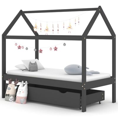 vidaXL Kids Bed Frame with a Drawer Dark Grey Solid Pine Wood 80x160cm