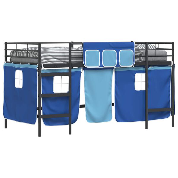 vidaXL Kids'Loft Bed Frame with Curtains Black and Blue 90 x 200 cm