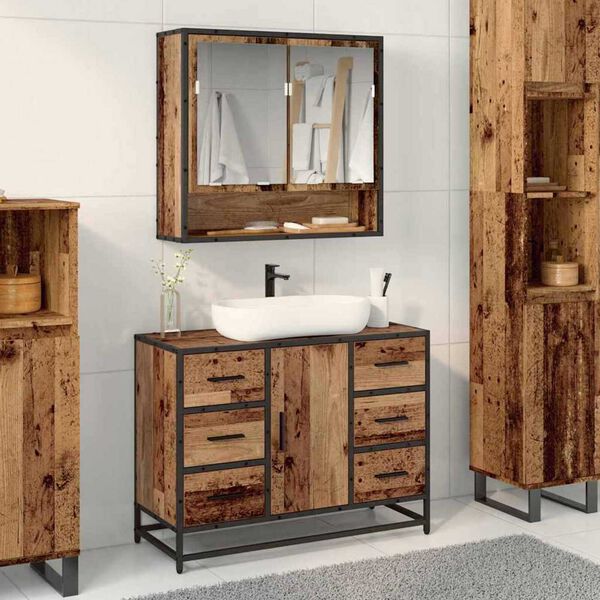 vidaXL Bathroom Furniture Set with Door 2 pcs Old wood 80 x 33 x 60 cm
