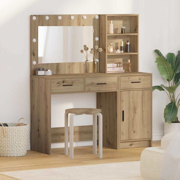 vidaXL Dressing Table with Mirror Lights 2 pcs Brown Engineered Wood