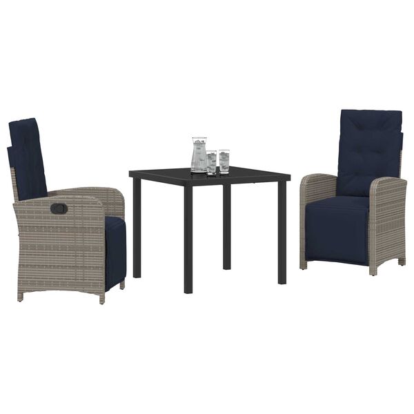 vidaXL Garden Dining Set with Cushion 3 pcs Grey Poly Rattan