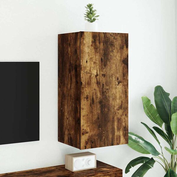 vidaXL TV Wall Cabinet with LED Lights Smoked Oak 40.5x35x80 cm