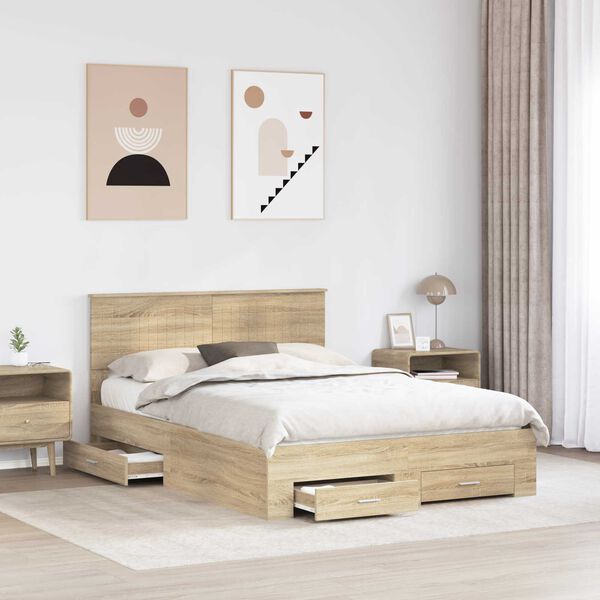 vidaXL Bed Frame with Drawer Sonoma Oak 135 x 190 cm Engineered Wood