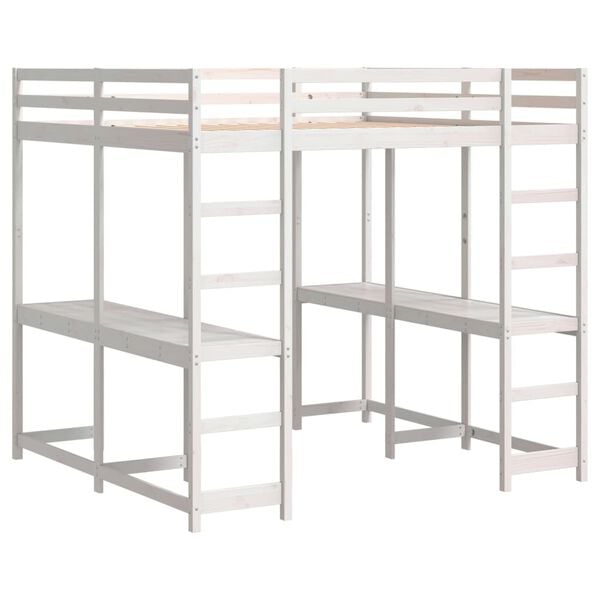vidaXL Loft Bed with Desk and Ladder White 180x200 cm Super King Solid Wood Pine