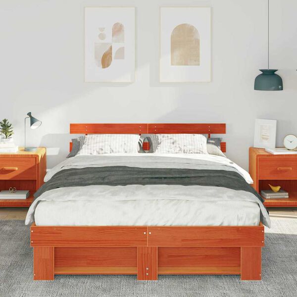 vidaXL Bed Frame with Headboard Wax Brown 160 x 200 cm Solid Pine Wood
