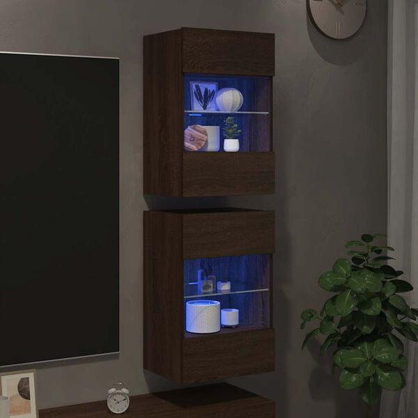 vidaXL Wall Cabinets with LED Lights for TV 2 pcs Brown Oak 40x30x60.5 cm