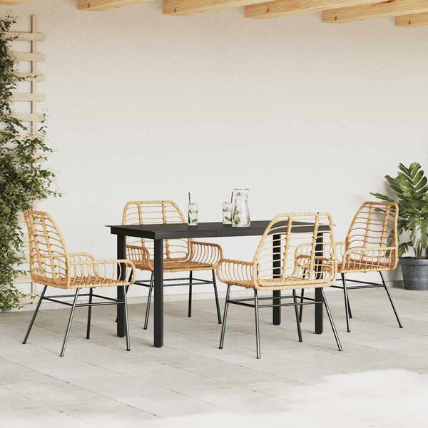 vidaXL 5 Piece Garden Dining Set Brown Poly Rattan Glass