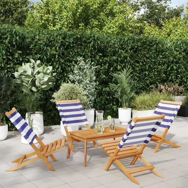 vidaXL Folding Garden Chairs 4 pcs Blue and White Fabric and Solid Wood