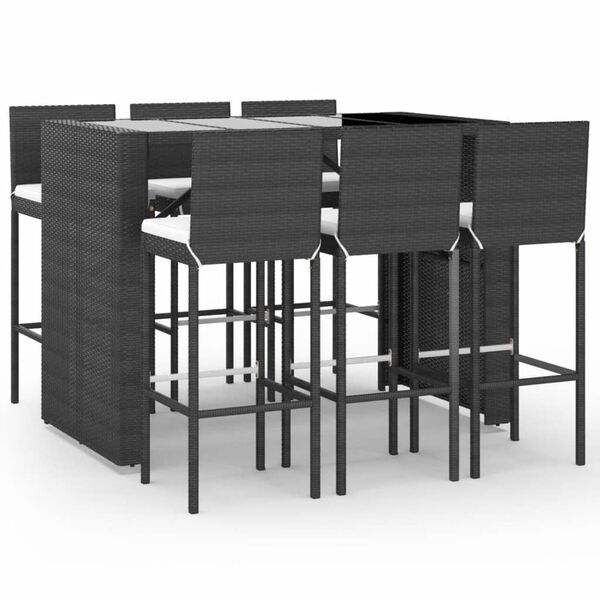 vidaXL 7 Piece Garden Bar Set with Cushions Black Poly Rattan