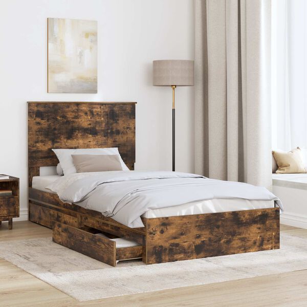vidaXL Storage Bed with Drawer Smoked Oak 100 x 200 cm Engineered Wood