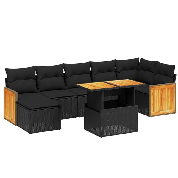 vidaXL 8 Piece Garden Sofa Set with Cushions Black Poly Rattan Acacia