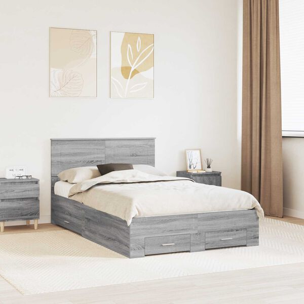 vidaXL Bed Frame with Drawer Grey Sonoma 120 x 190 cm Engineered Wood