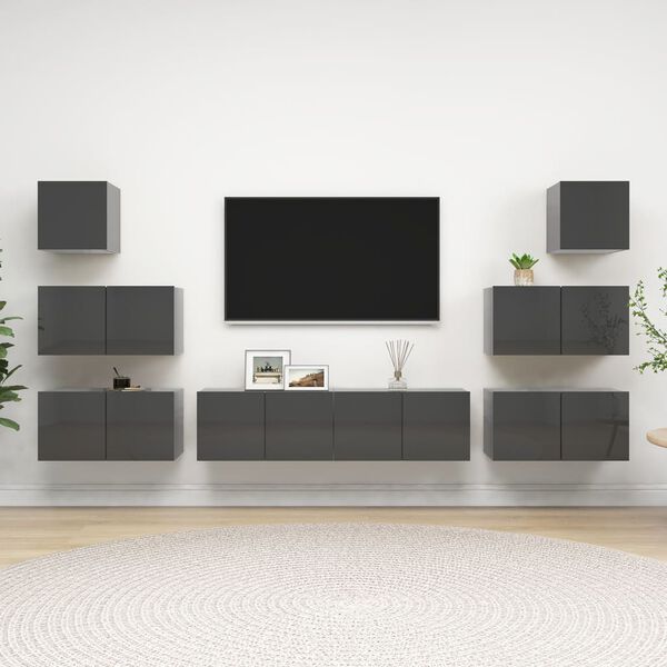 vidaXL 8 Piece TV Cabinet Set High Gloss Grey Engineered Wood