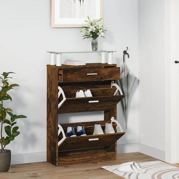 vidaXL Shoe Cabinet Smoked Oak 63x24x104 cm Engineered Wood