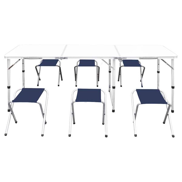 Foldable Camping Table Set with 6 Stools Height Adjustable 180x60cm